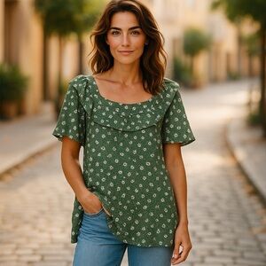 BloomChic Boho Cottagecore Blouse Size 14-16 Ruffle Neck Ditsy Green Top NEW